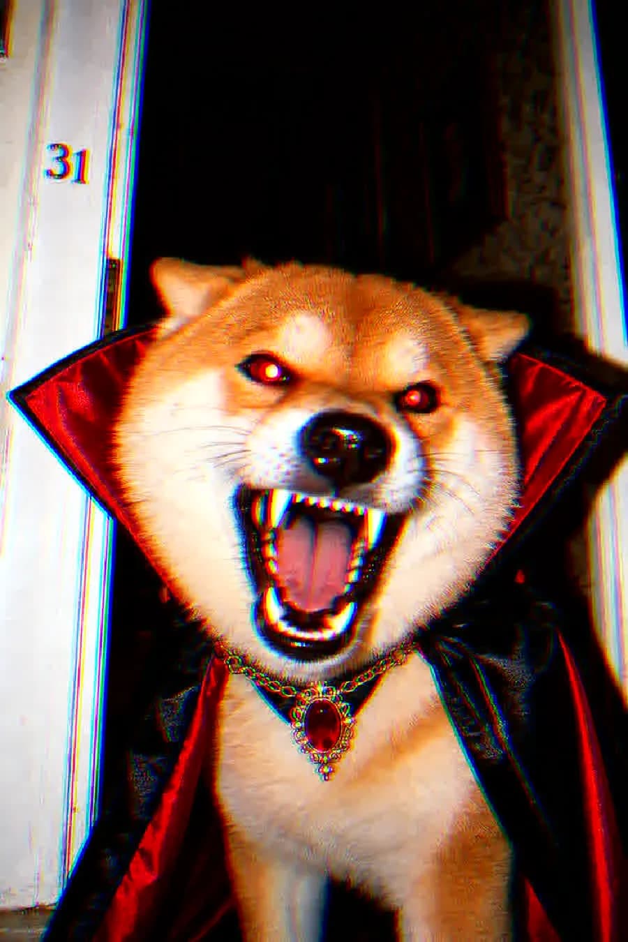 HallowInu screaming at the camera, fangs out, red eyes glowing.